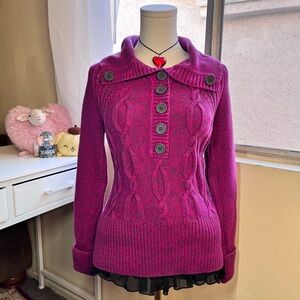 DKNY Jeans fuchsia pink cable knit button front preppy sweater size M
